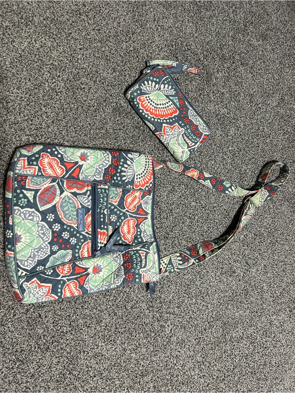 Vera Bradley Teal, Gray, Orange Floral Quilted Crossbody with Wristlet